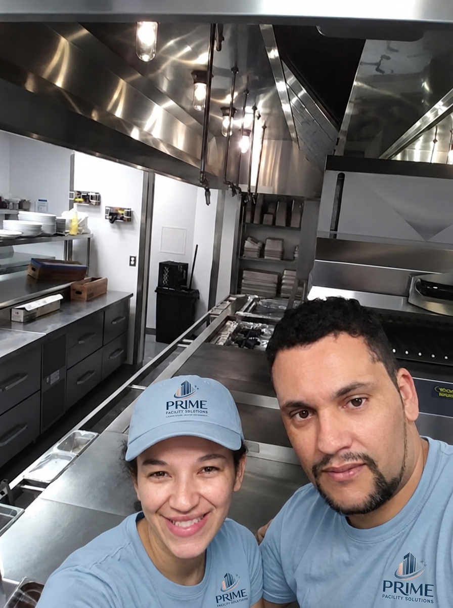 Two PRIME Facility Solutions team members standing in a freshly cleaned commercial kitchen