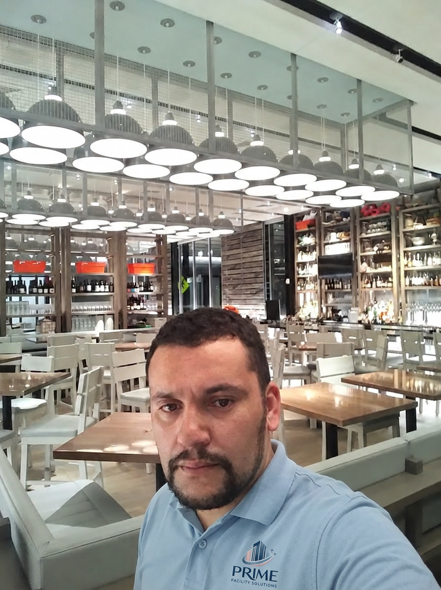 A PRIME Facility Solutions team member in a cleaned restaurant dining room and bar